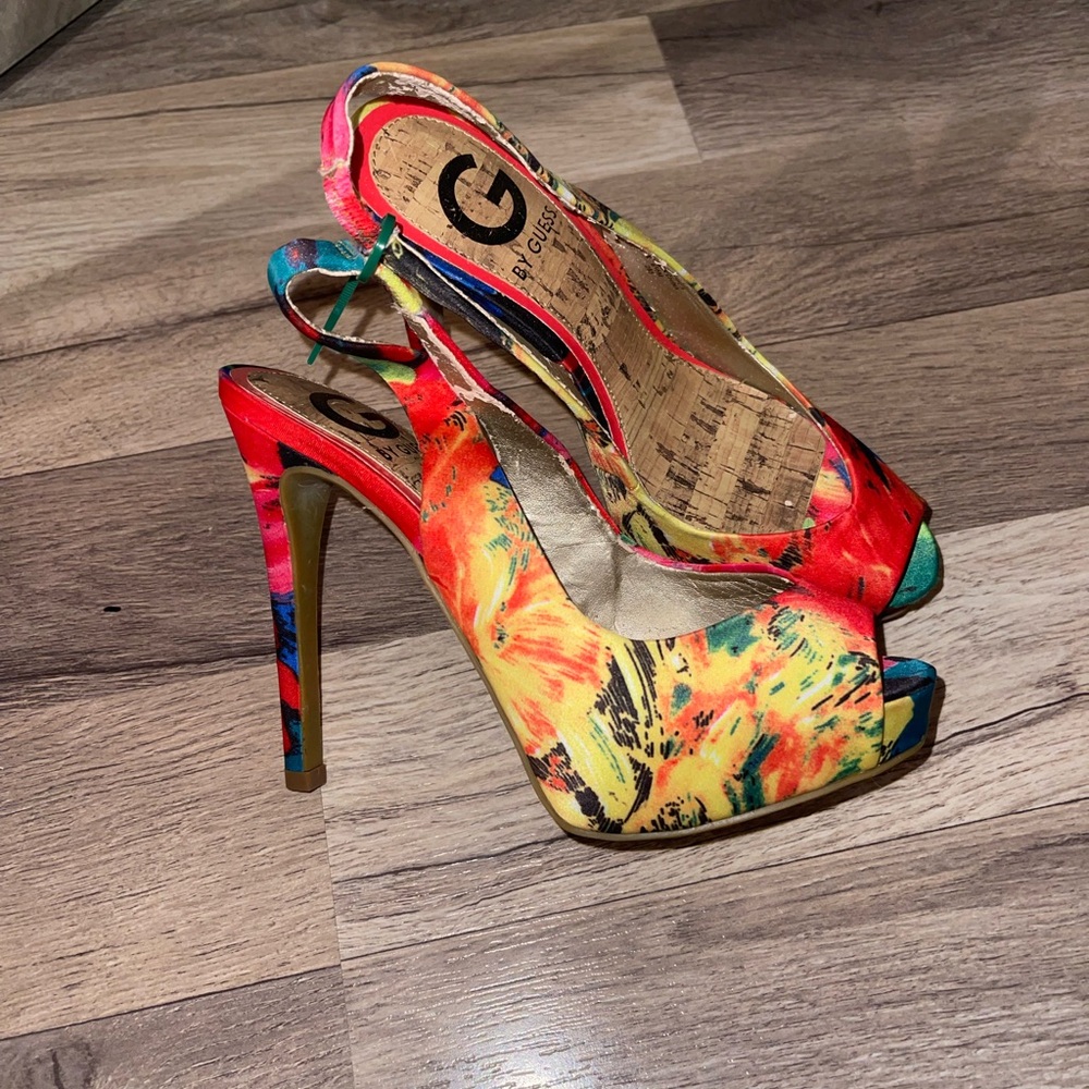G by Guess Multicolor Floral Peep-Toe Slingback Heels - Red Accent